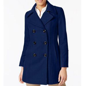Anne Klein Double-Breasted Blue Wool-Blend Peacoat